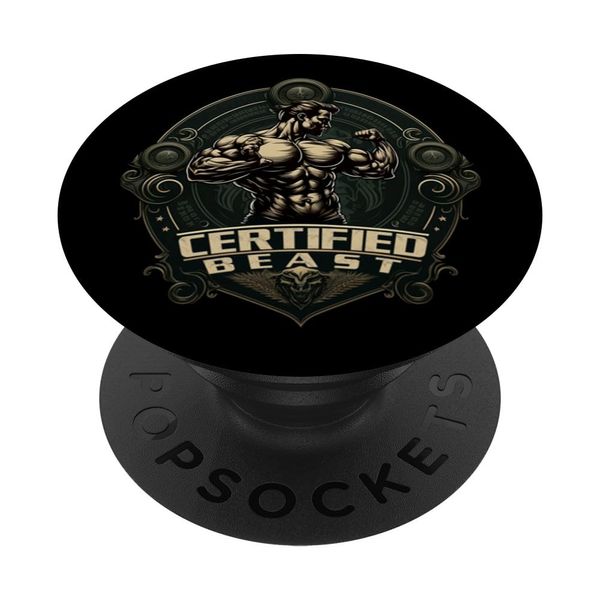 Muscle Bodybuilder Logo & Certified Beast Text. Green & Tan PopSockets Swappable PopGrip