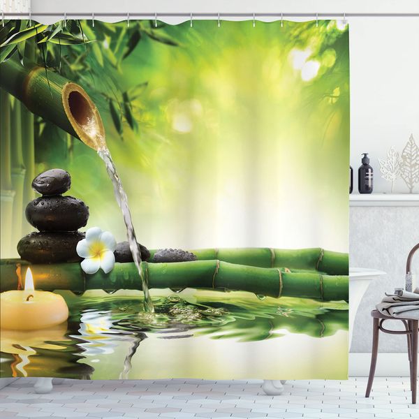 Ambesonne Spa Themed Shower Curtain, Calming Atmosphere of The Streaming Water from a Branch with Stones Plumeria, Cloth Fabric Bathroom Decor Set with Hooks, 69" W x 70" L, Green Yellow