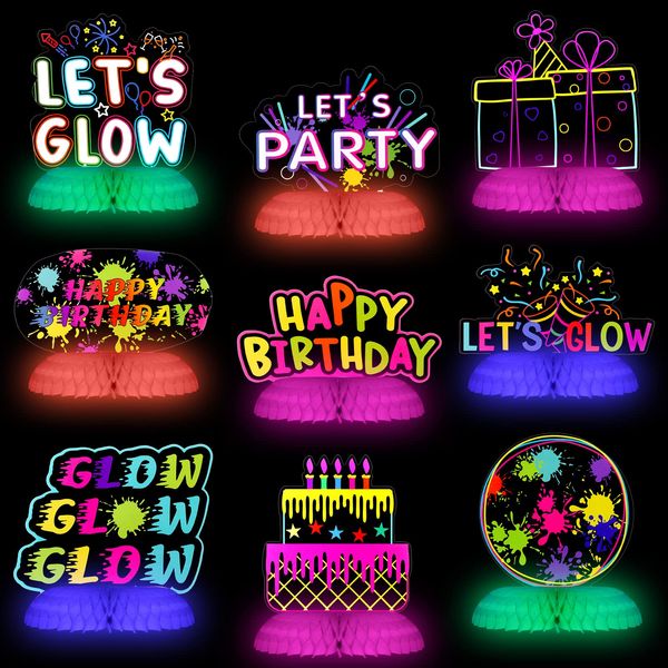 9 Pcs Real Glow in Dark Party Supplies, Glow Under UV Black Light Reflective Ink Printing Neon Honeycomb Birthday Decorations Neon Table Centerpieces Table Decorations for UV Glow Theme Party Favor