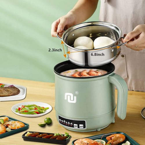Smart Mini Electric Hot Pot w. Steamer Tray 1.7L NonStick Rapid Noodle Cooker 3 Power Level 5 Modes 600W Quick Cook 300W Low Heat 15W Keep Warm 6H Timer Delay NonStick Pan for Rice Soup Pasta