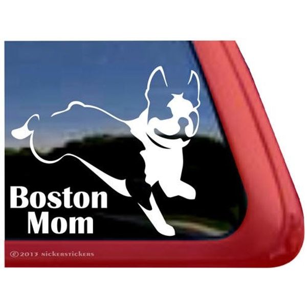 Boston Mom - Jumping Boston Terrier Dog Vinyl Window Decal Sticker