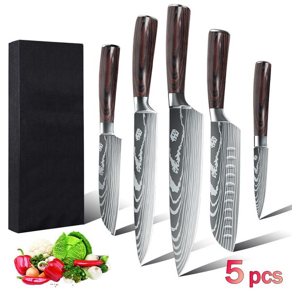 5 Piece Kitchen Knives Set Stainless Japanese Damascus Style Chef Knife Gift Box