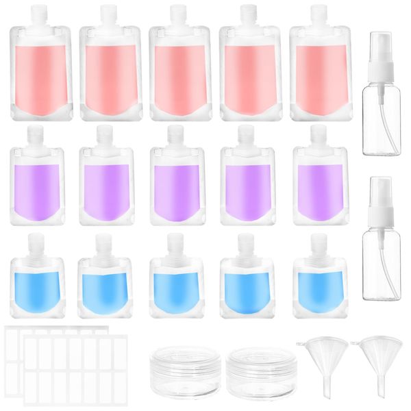 UZSUZZ Refillable Containers Kits 23 Pack Travel Pouches for Toiletries, 30ml/50ml/100ml Portable Travel Fluid Makeup Packing Bags, Travel Toiletry Container Refillable Squeeze Pouch for Lotion