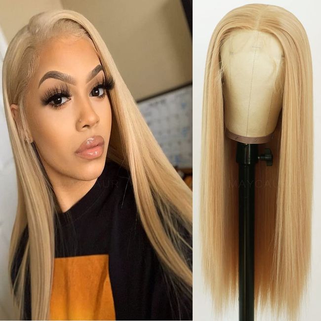 Maycaur Blonde Lace Front Wigs Blonde Wig Long Straight Glueless Hair Heat Resistant Fiber Hair Synthetic Lace Front Wigs for Fashion Women 24 Inch