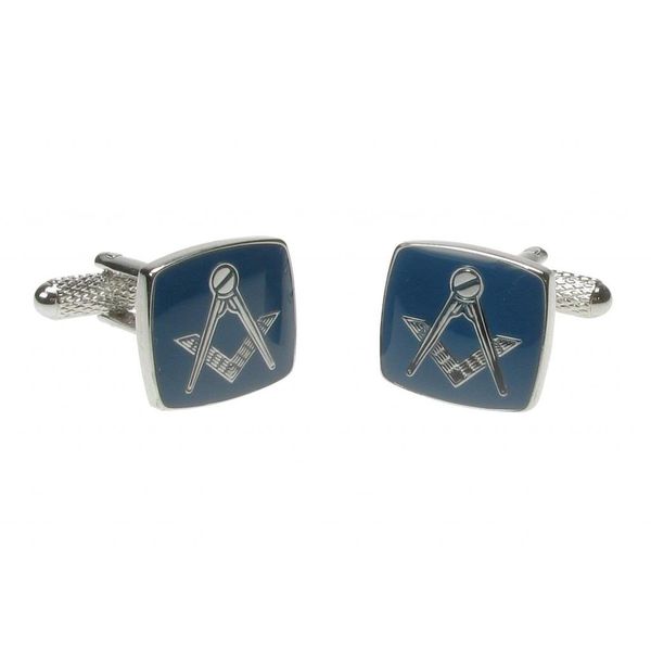 Masonic Blue Square & Compass Silver Coloured Cufflinks In Onyx Art Box