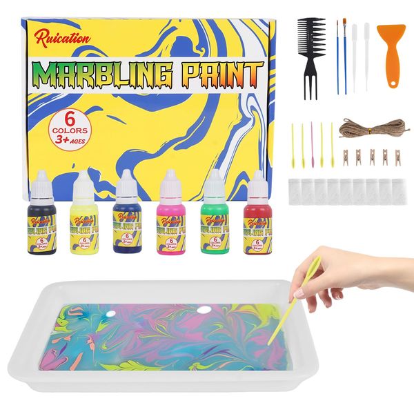 Ruication Water Marbling Paint Kit for Kids 6 Colours Water Marbling Paint Art Set for Girls Boys Craft Kits & Supplies Ideal Gifts for Kids Age 3-12