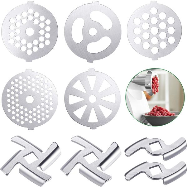 9 Pieces Meat Grinder Blades/Plate Discs Stainless Steel Food Grinder Accessories for Size 5 Stand Mixer and Meat Grinder