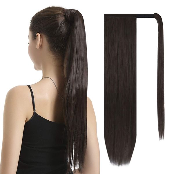 Wrap Around Ponytail Extension, BARSDAR 28 inch Long Straight Ponytail Hair Extensions Synthetic for Women - 2# Darkest Brown