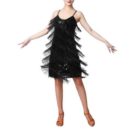 Odizli 20s Dress Women's Gatsby Sequins Fringe Dress Spaghetti Straps Sexy Short Latin Dance Dress, black