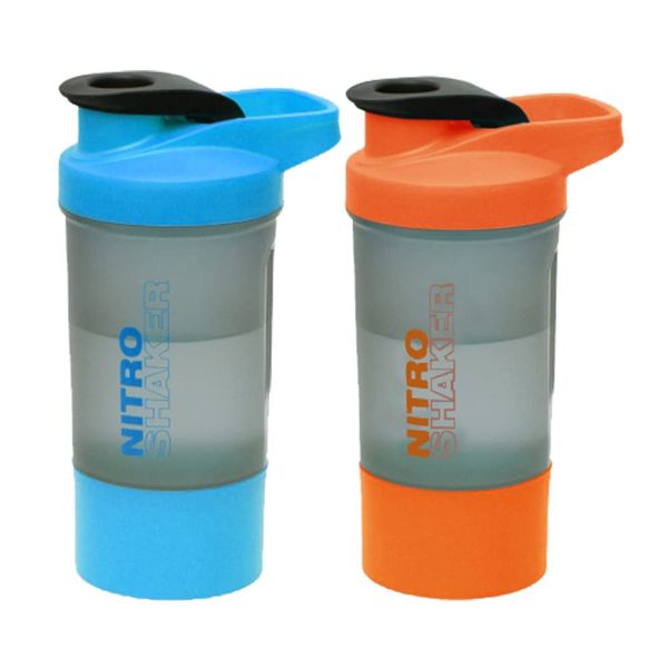 Set of 2 - 600 ML Plastic BPA Free Protien Shaker Bottle with Storage Compartment for Protein Powder Supplements Measurement Scale Steel Mixing Ball Leak Proof Flip Cap Screw Lid (Blue & Orange)