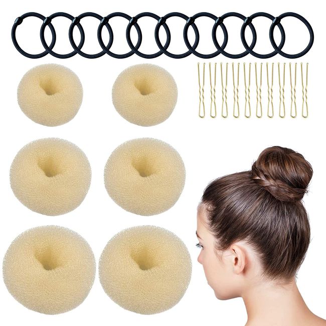 6 Stück Duttkissen, Donut Hair Bun Maker Set mit 10 Elastische Haarband und 10 u-förmige Haarnadeln, VEGCOO Duttkissen klein und groß Nylon Haardonut braun Dutt Hilfe für Kinder Frauen Mädchen(Weiß)