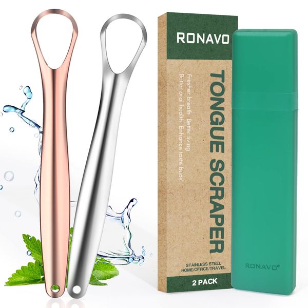 RONAVO Tongue Scraper for Kids, Children, Adult, Medical Grade Stainless Steel Tongue Cleaners (Include Handy Case), Healthy Oral Hygiene, 2 Color, 2 Pack