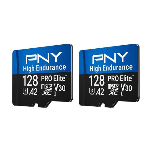PNY 128GB PRO Elite™ High Endurance C10 U3 V30 A2 microSDXC – Up to 34.4K Continuous Recording Hours, Up to 100/90MB/s Read/Write, 4K UHD, Full HD, UHS-I, Surveillance, Home Security, Dash Cam, 2-Pack