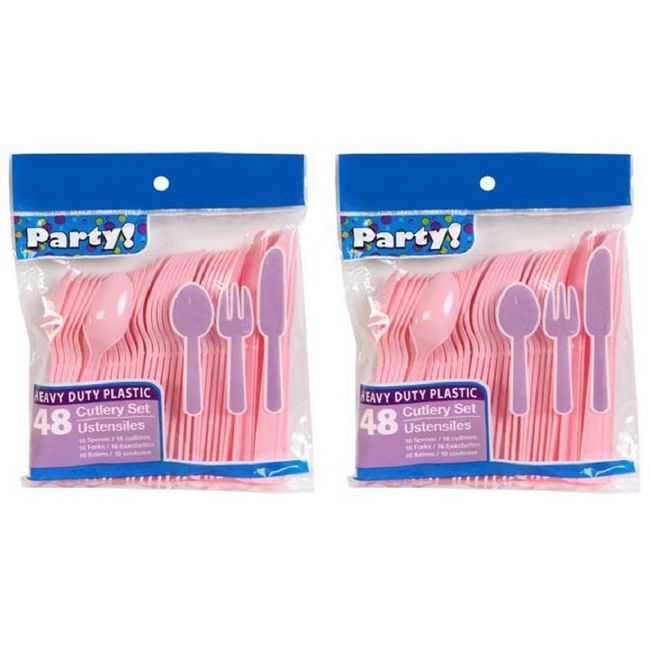 Heavy Duty Plastic Cutlery Set in Pink - 32 Spoons, 32 Forks, 32 Knives