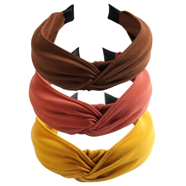 scicent Head Bands 3 Pieces Hairbands Women Twist Knotted Vintage Headwraps Hair Accessories Elastic Hair Bands Thick Head Band Party Headbands for Girls (Yellow+Coffee+Tangerine) - 9818