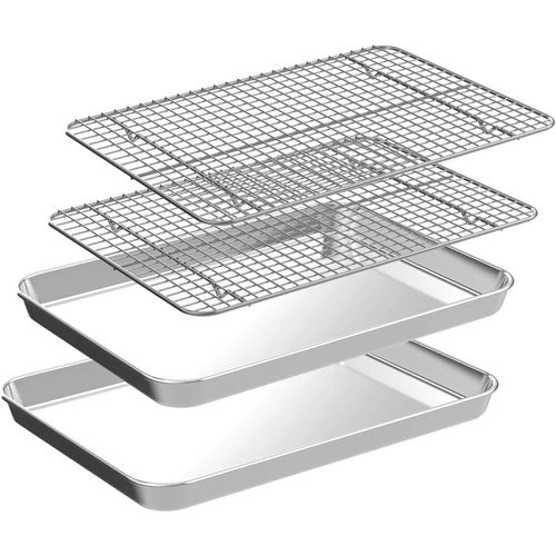 CEKEE 4 PCs Small Baking Sheet With Wire Rack Set [2 Pans + 2 Cooling Racks], 10 Inch Stainless Steel Tray - Rust & Warp Resistant, Easy Clean