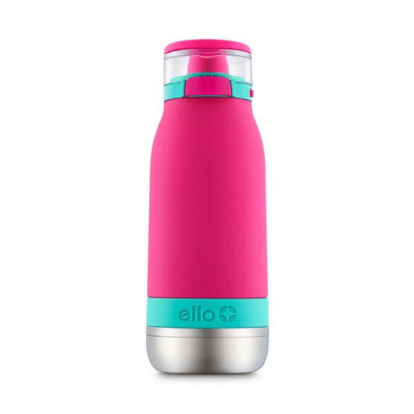 Ello Emma Vacuum Insulated Stainless Steel Water Bottle with Locking Leak Proof Lid and Soft Straw, BPA Free, Tropical Pink, 14oz