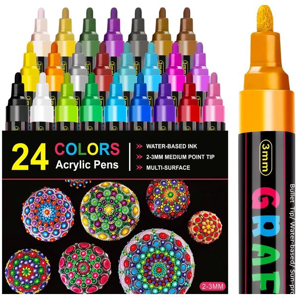 Emooqi Acrylic Paint Pens, Set of 24 Colors Paint Markers Pens for Rocks, Craft, Ceramic, Glass, Wood, Fabric, Canvas -Art Crafting Supplies