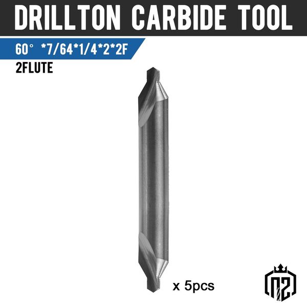 5PCS 60 Degree Solid Carbide 7/64" x 1/4" x 2" Center Drills - Double End