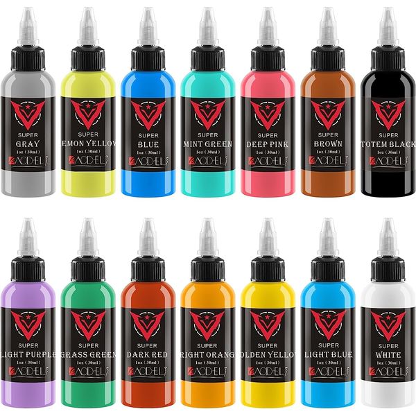 DLD 14 Colors Tattoo Ink Set Black Red Permanent Professional Microblading Makeup Pigment Body Paint Tattoo Colour Kit 1 Ounce Bottle