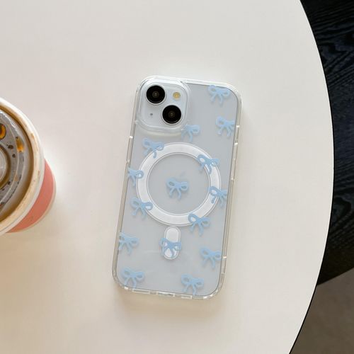 QLTYPRI Magnetic for iPhone 16 Pro Max Case Compatible with MagSafe, Cute Clear Ribbon Bow Aesthetic Phone Case Slim Transparent Shockproof Phone Cover for Women Girls- Blue