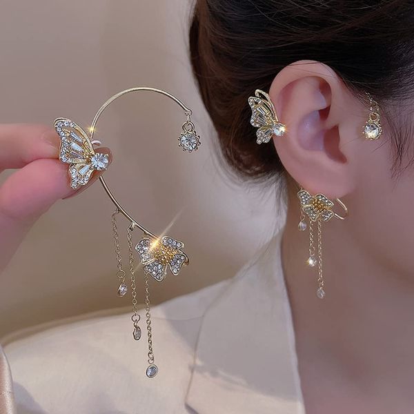 Kenjudess Vintage Crystal Butterfly Flower Ear Cuffs 2pcs Non-Pierced Sparkling Iced Out Rhinestone Butterfly Cartilage Climber Ear Wrap Prom Party Festival Ear Jewelry for Women