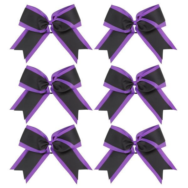 8 Inch 2 Colors Cheerleader Bows 2 Layers 6 Pcs Ponytail Holder Cheerleading Bows Hair Elastic Hair Tie (Purple/Black)