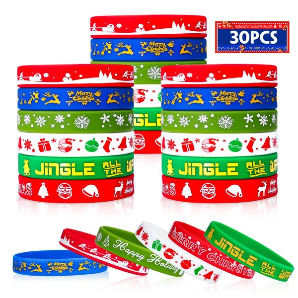 Christmas Rubber Bracelets 30 PCS Bulk Christmas Party Favors Stocking Stuffers for Kids Silicone Wristbands Goodie Bags Stuffers Xmas Toys Gifts Party Supplies Decorations Classroom Prizes