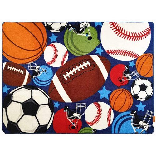 Blue Kids Rug Fun Sport Rugs Nylon Carpet Boys Girls Childrens Rug Balls Print with Soccer Ball, Basketball, Football, Tennis Ball Bedroom Playroom 31.5'' x 47''