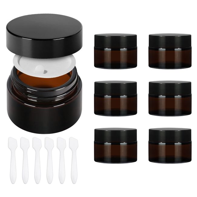 Yishik 6 Pack 30ml Amber Glass Round Jars with Black Lids, 1 oz Empty Cosmetic Jars Face Cream Storage Containers for Powder,Lotion,Beauty Products,Travel Favors