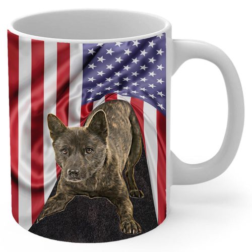 Patriotic Brindle Kai Ken Dog Coffee Mug 11oz - White Ceramic Cup Design with American Flag & Cute Pet - Novelty Gift Idea for Dog Owner & Puppy Lover