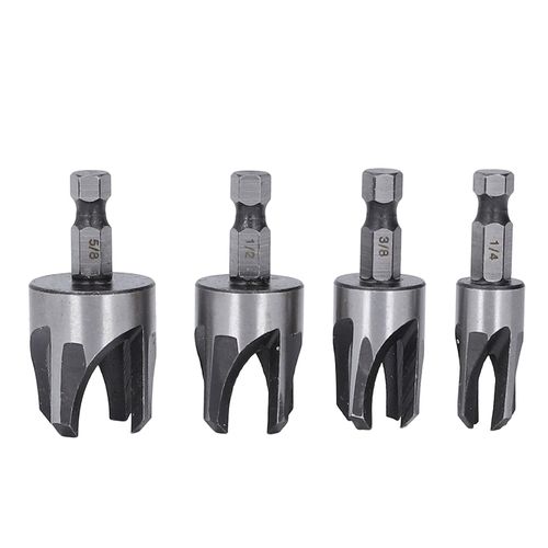 Wood Dowel Drill Set 6.35mm Set of 4 Tapered Plug Cutter Set Hex Shaft Claw Type Imperial Taper Woodworking Cutting Tool Silver