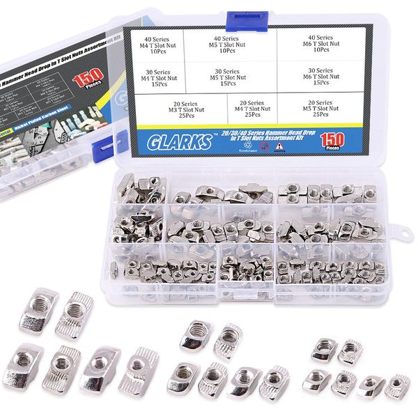 Glarks 150Pcs European M3 M4 M5 M6 Hammer Head Drop in T Nut Slot Assortment Kit for 20/30/40 Series Aluminum Profile - Nickel Plated Carbon Steel