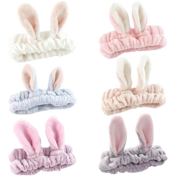 KABAKE 6 Pack Spa Headband, Rabbit Ears Makeup Headband Hair Band, Elastic Bunny Ears Coral Fleece Head Wrap Skincare Headbands for Party Face Washing Beauty Shower Women Girls, Easter Cosplay Costum