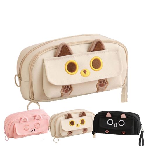 NIORYUZ 2025 Kitty Cat Pencil/Pen Pouch 4-Layers Extra Capacity Cosmetic Organizer Pen Brush Holder Mesh Pockets (4 Layers - Beige)