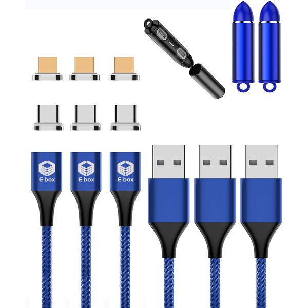 E-BOX Magnetic Charging Cable, Tablet Compatible, 3.3 ft (1 m) x 3 Pack, 3A, Rapid Charging, Data Transfer, Magnet, Micro USB Type C Cable (Blue)