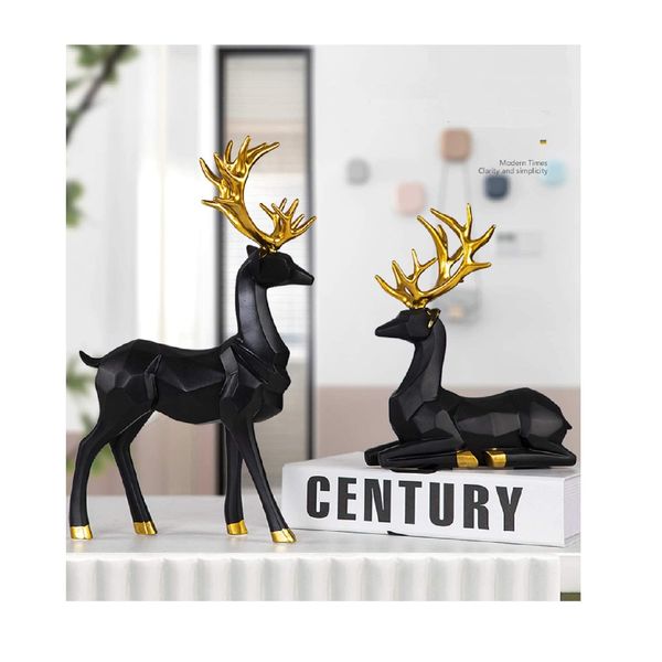 BrichLife 2pcs 3D Geometric Elk Resin Statue, Seated and Standing Elegant Lucky Deer, Luxurious Simple Style Ideas, Suitable for Living Room, Wine Cabinet, Display Stand, Bedroom, Office Desktop