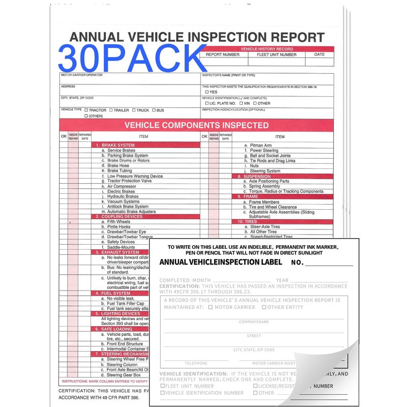 Annual Vehicle Inspection Report Form 30-pk 3-Ply Carbonless,Adhesive ...