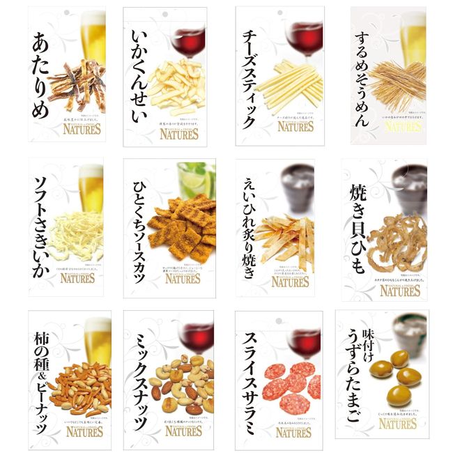 Funny Friends Home Drinking Snacks, Nature's 12 Types Set (Squid, Cheese Stick, Sauce Cutlet, Fish Fin, Shellfish, Persimmon Seeds, Mixed Nuts, Quail Eggs), Total of 12 Bags