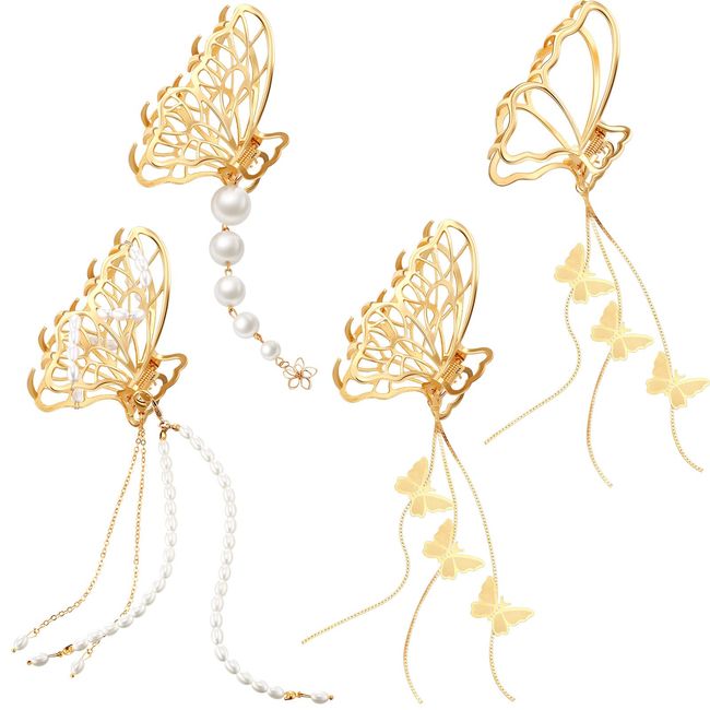 Butterfly Hair Clip 4 Pieces Gold Butterfly Claw Clip Metal Butterfly Hair Claw Nonslip Tassel Hair Clip Butterfly Hair Clamp Tassel Hair Catch Clip Hair Accessories for Women Girls Thick Thin Hair