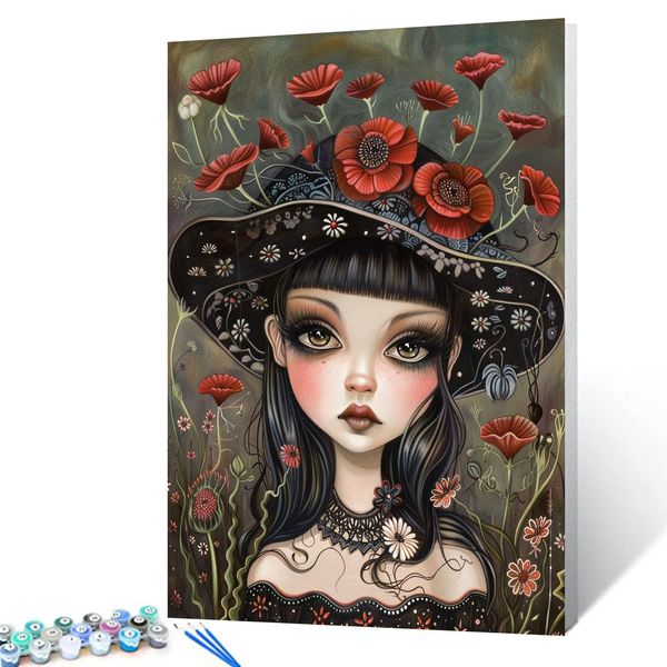 Women Wearing Mushroom Hat Oil Painting Fashion Female Lady Paint by Number Kits 16 x 20 inch Tropical Jungle Art DIY Acrylic Paintwork for Kids Adults Beginner with Brushes Home Decor(DIY Frame)