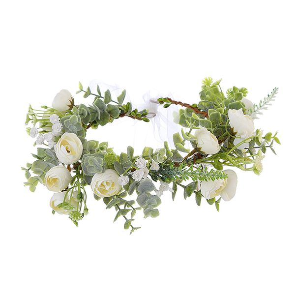 Vivivalue Women Flower Crown Flower Garland Headband Hair Wreath Floral Headpiece Halo Boho with Ribbon Wedding Party Photos White