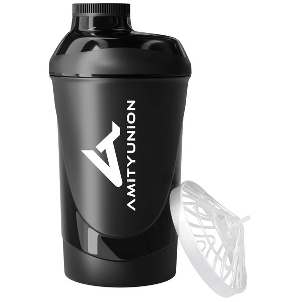 AMITYUNION Protein Shaker Deluxe 800 ml - Eiweiß auslaufsicher - BPA frei mit Sieb & Skala für Cremige Whey Proteinpulver Shakes Fitness Becher für Isolate und Sport Konzentrate Midnight Black