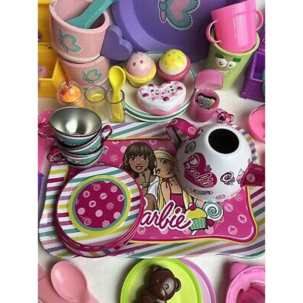 VTG Barbie Tray Tea Set Pretend Play Kitchen Plates Cups Disney Princess 61 Pcs.