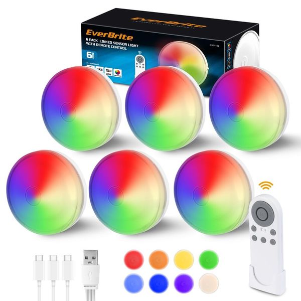 EverBrite 6PC Rechargeable Puck Light Wireless Sensor Under Cabinet Closet Light