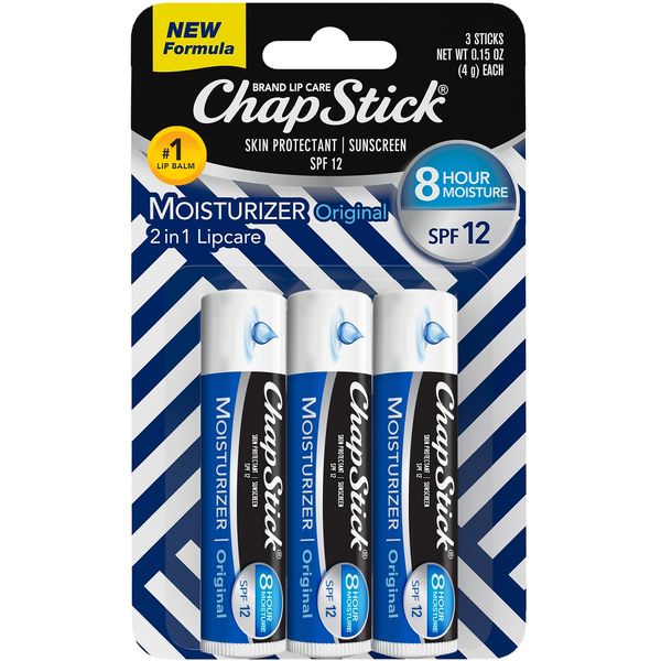 ChapStick SPF Lip Balm 3-Pack – Original 2-in-1 Lipcare with SPF 12, Ultra Hydrating Formula with Aloe Vera and Vitamin E, 0.15 Oz Ea