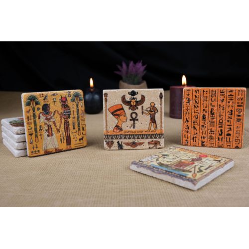 Ancient Egypt Themed Stone Coaster Set of 4, absorbent square coasters. Decorative coaster set. Elegant coasters. Egyptian gift. Christmas gift. Art coasters.