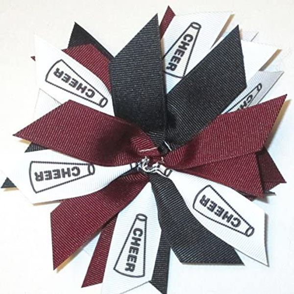 Cheer Pom Hair Bow, Made in the USA, White Pony Band, many colors (Maroon/Black)