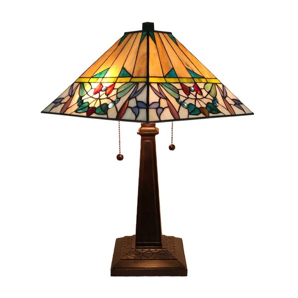 Tiffany Style Table Lamp Banker Mission 22" Tall Stained Glass Tan Green Purple Red White Vintage Antique Handmade Gift AM309TL14B Amora Lighting