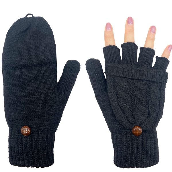 Beurlike Women's Winter Gloves Warm Wool Knitted Convertible Fingerless Mittens (Black)